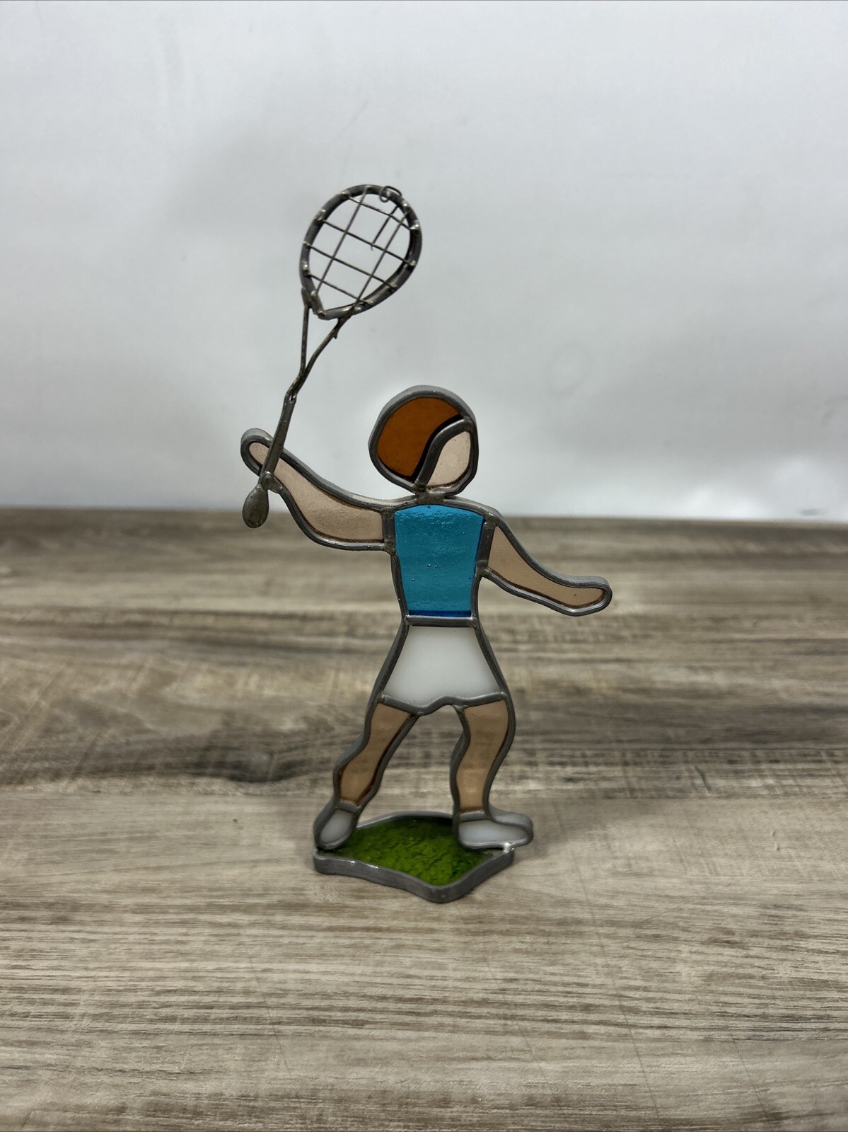 Stained Glass Tennnis Player - 8 inches - Window Suncatcher Sits On Desk