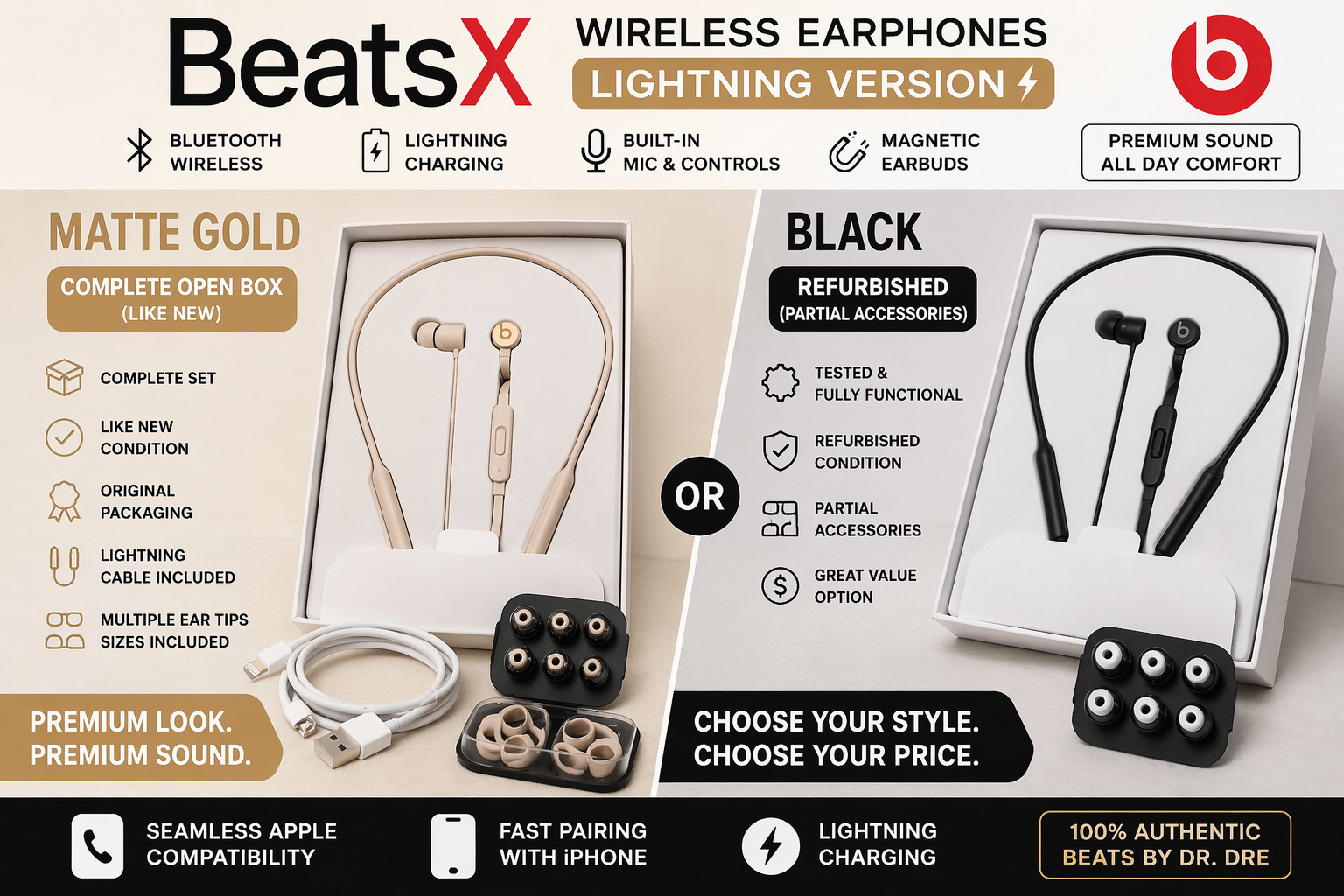BeatsX Wireless Earphones Lightning Bluetooth Neckband Black Gold Open Box