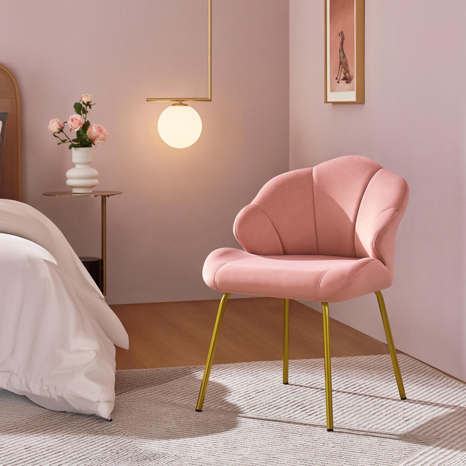 Yaheetech Vanity Chair, Velvet Accent Chair with 22.5"D x 22"W x 31"H, Pink