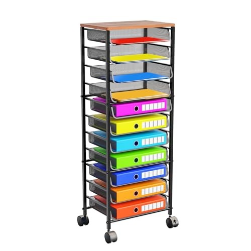 12-Tier Rolling File Cart, Desk File Organizer with 11 Mesh 12 Tier-Wood