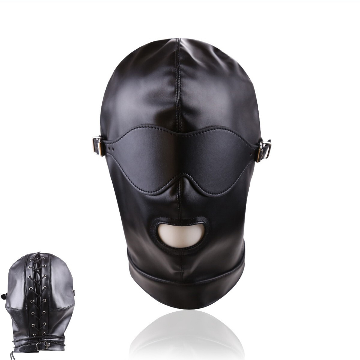 PU Leather Padded Hood Blindfold Head Harness Mask Gag BDSM Bondage Head Gear
