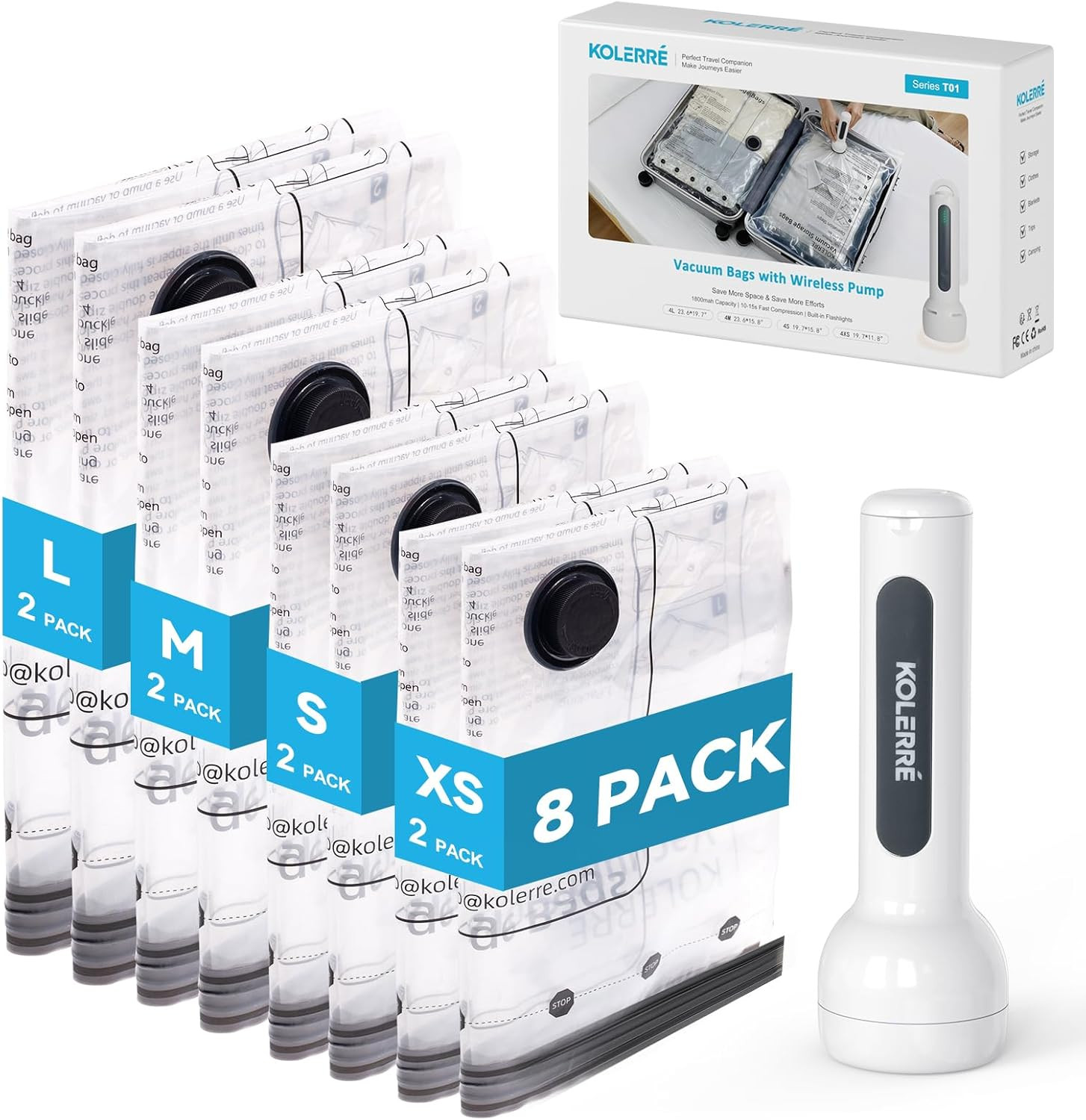 Travel Vacuum Bags with 2026 Lastest Wireless Pump, 8 Pack-4 Sizes Space Saver V