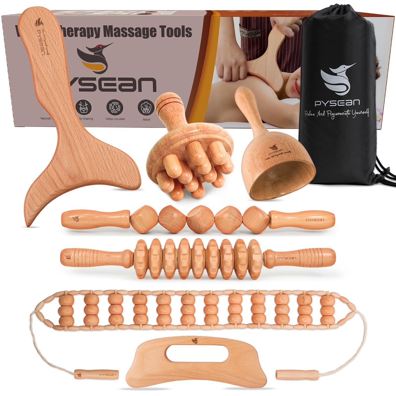 PYSEAN Wooden Massage Tool Set, 7-Piece Body Kit for Home Wood Colour