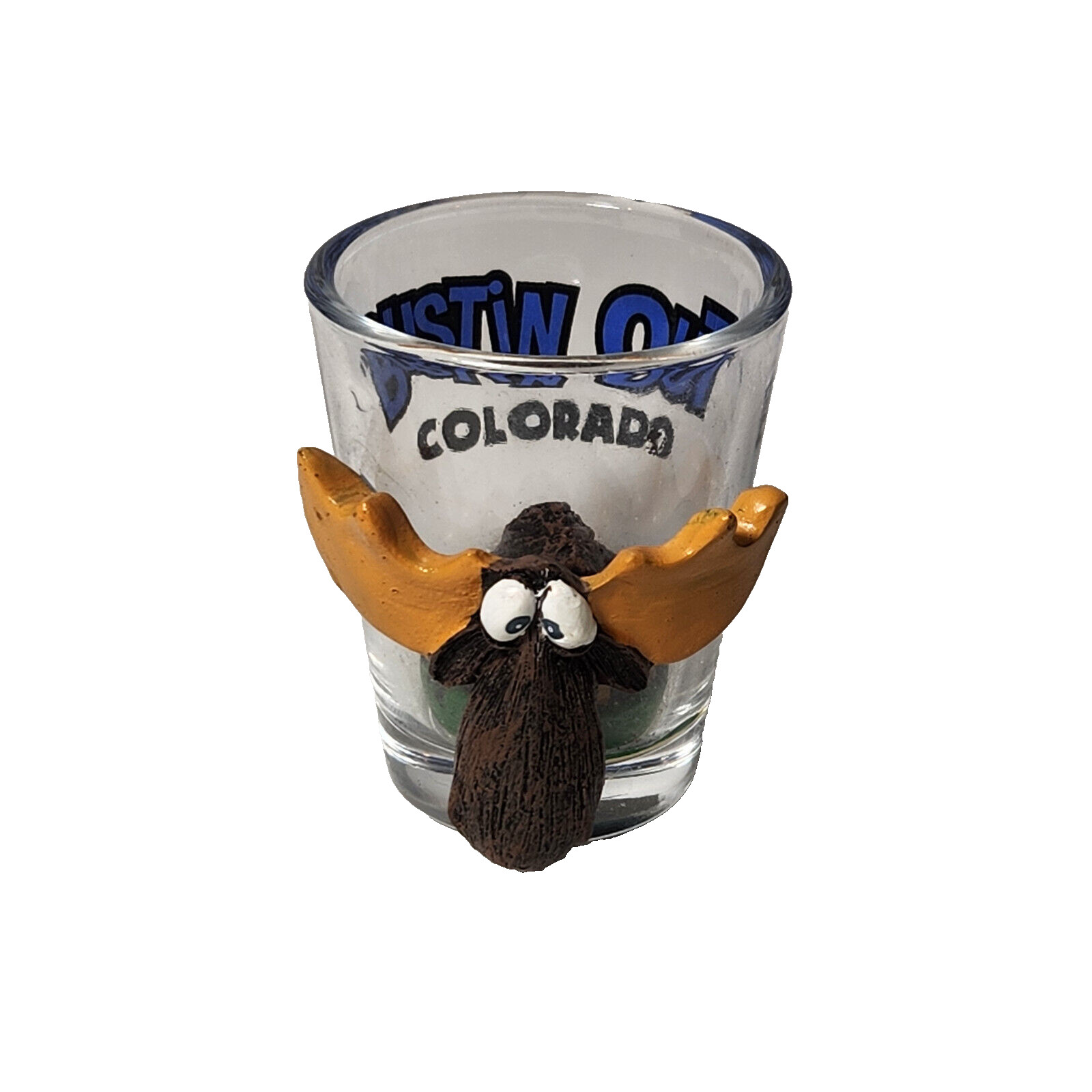 Colorado Shot Glass Moose. "Bustin Out Colorado " Collectable Souvenir