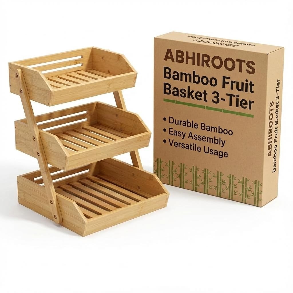 Bamboo Fruit Basket 3-Tier - Premium Produce Bamboo Basket for Kitchen - Dura...