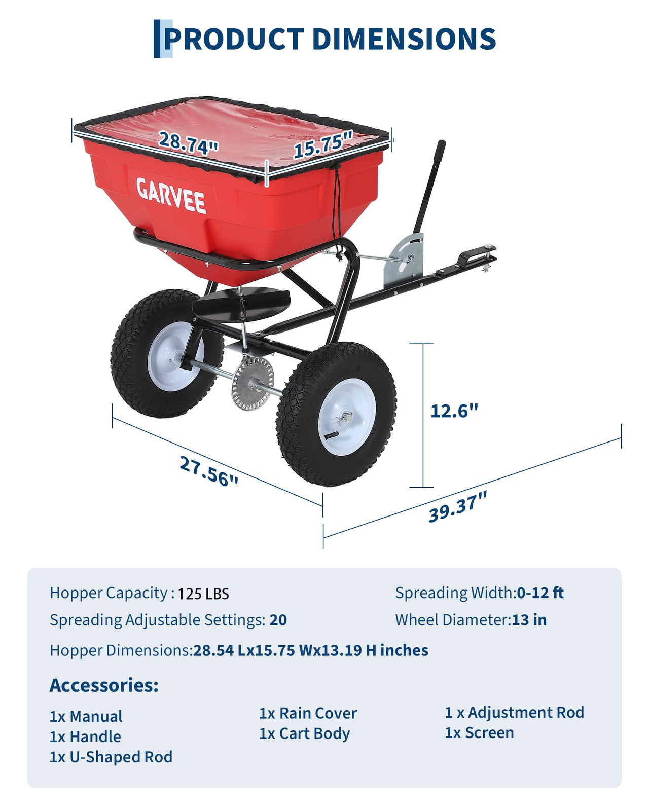 Tow Behind Broadcast Spreader, 125LBS, Universal Hooks Tow/Push Garden Spreader