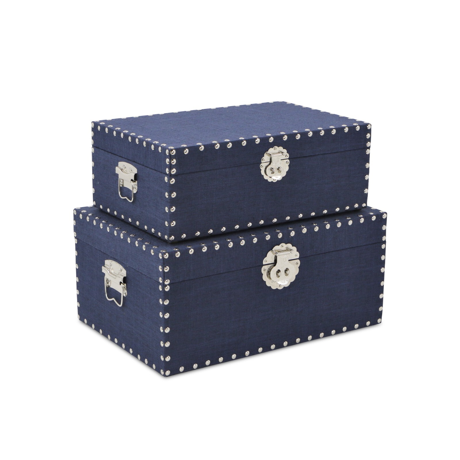 Blue Set of 2 Upholstered Wooden Trunks Chest with Metal Studs Keepsake Boxes
