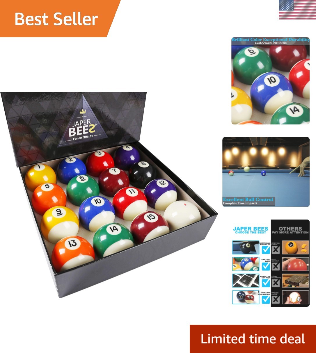 Complete 16-Piece Pool Ball Set - High Gloss 2-1/4" Resin Balls for Pro Players