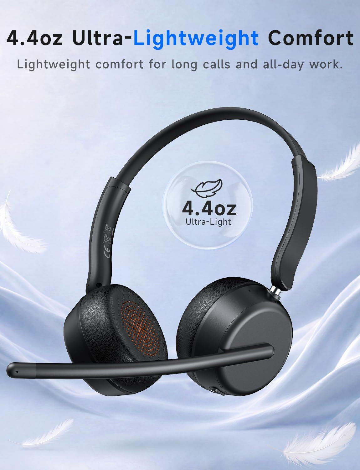 AOC Wireless Headset with Mic for Work, Bluetooth 5.4 Headphones Dark Black
