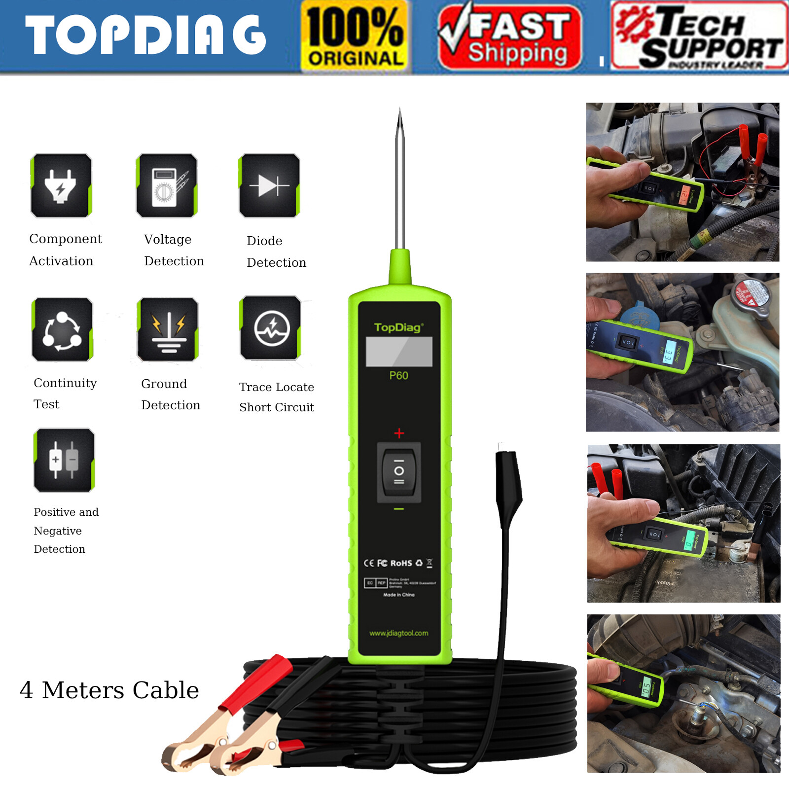 TopDiag P60 Automotive Circuit Tester Car Electrical System Power Probe 6V-30V