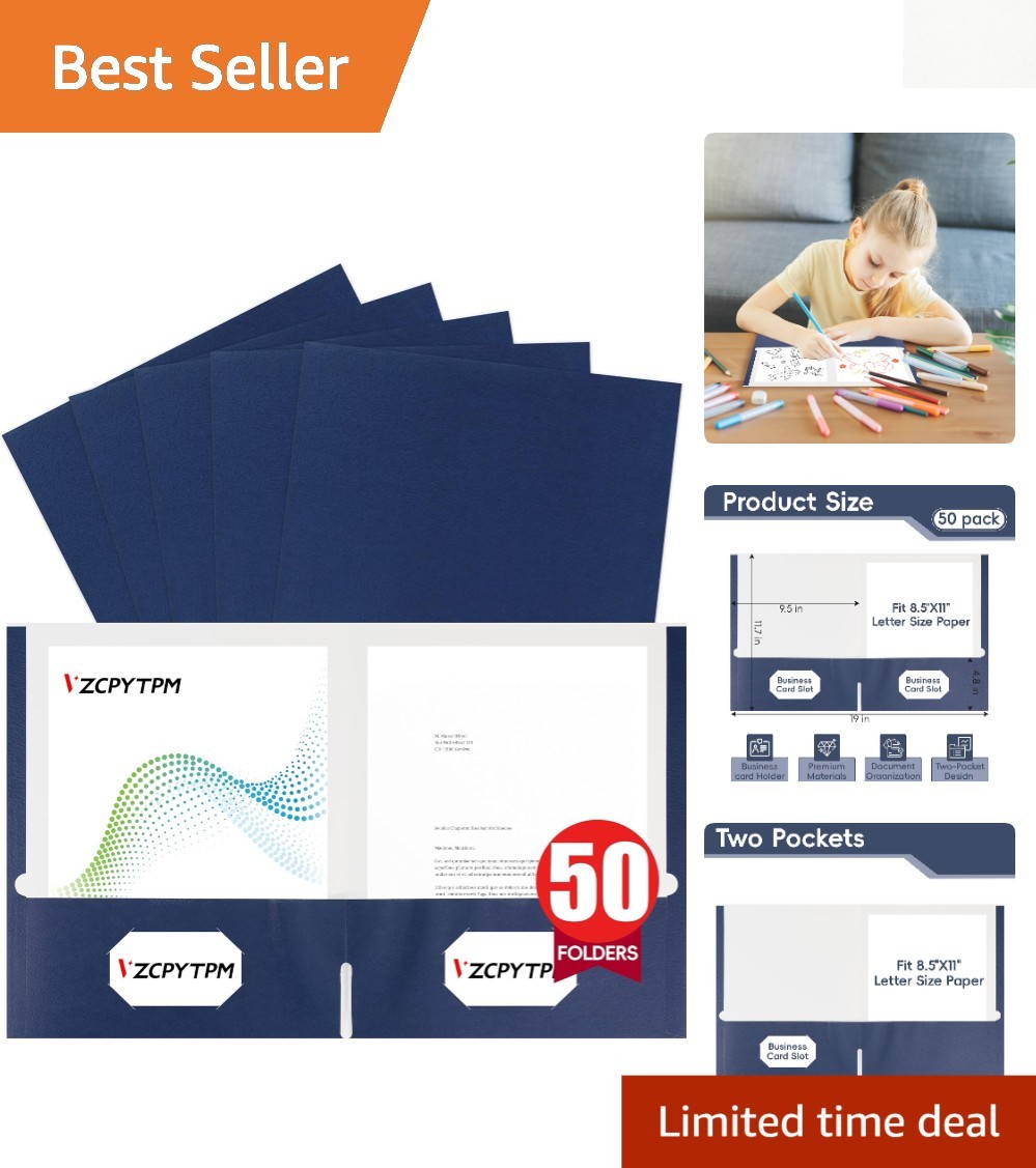 Stylish 50 Pack Navy Blue Letter Size Folders with Textured Heavyweight Paper