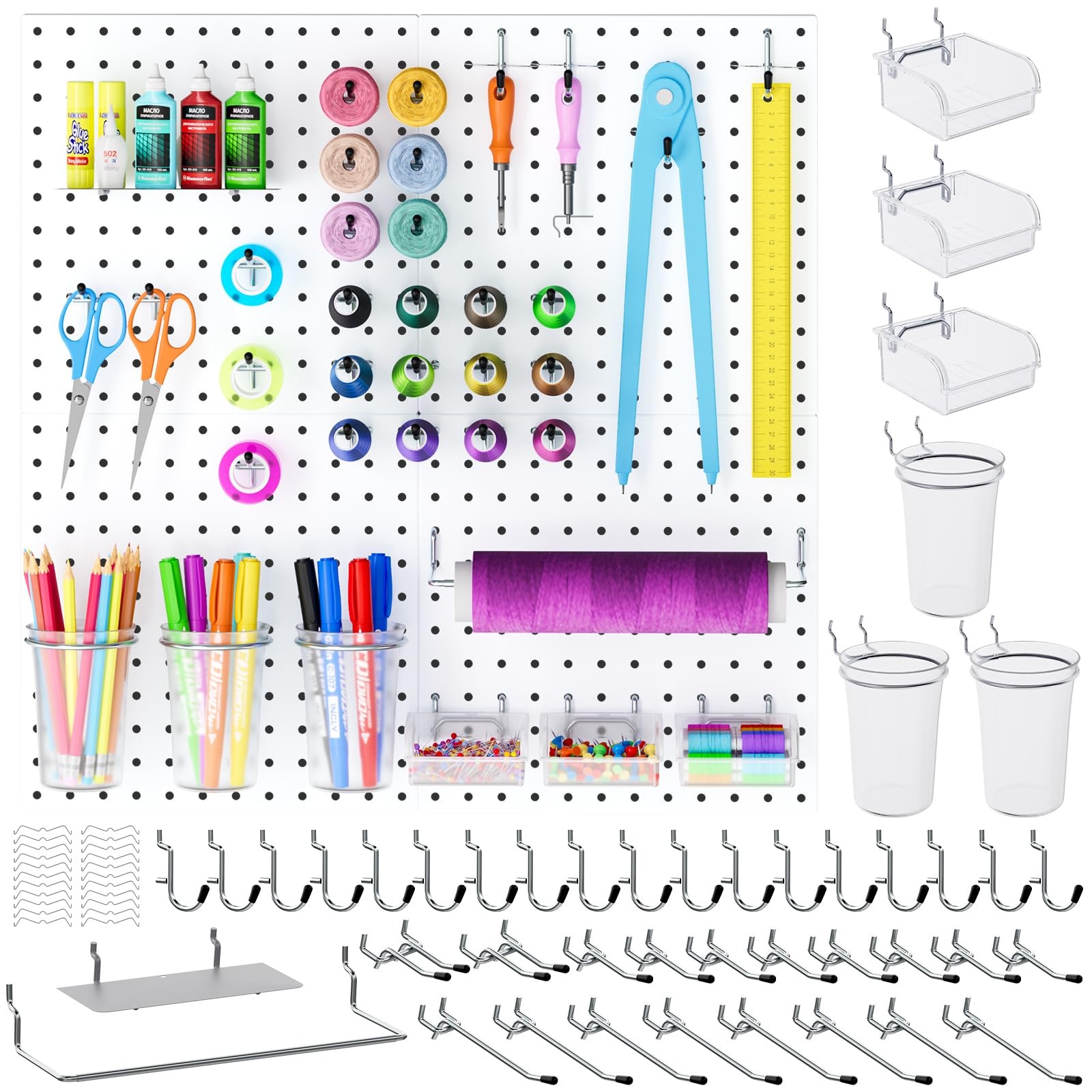 INCLY 70PCS Metal Peg Board Kit with 1/4" Pegboard Accessories, 70 PCS, White