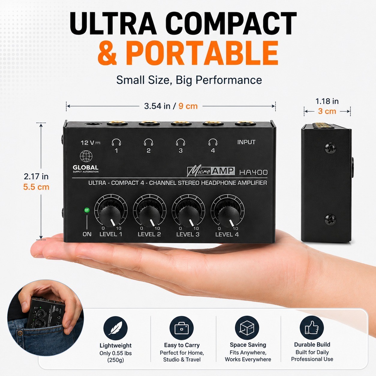 HA400 Ultra-Compact Stereo Headphone Amplifier 4-Way Headphone Amplifier