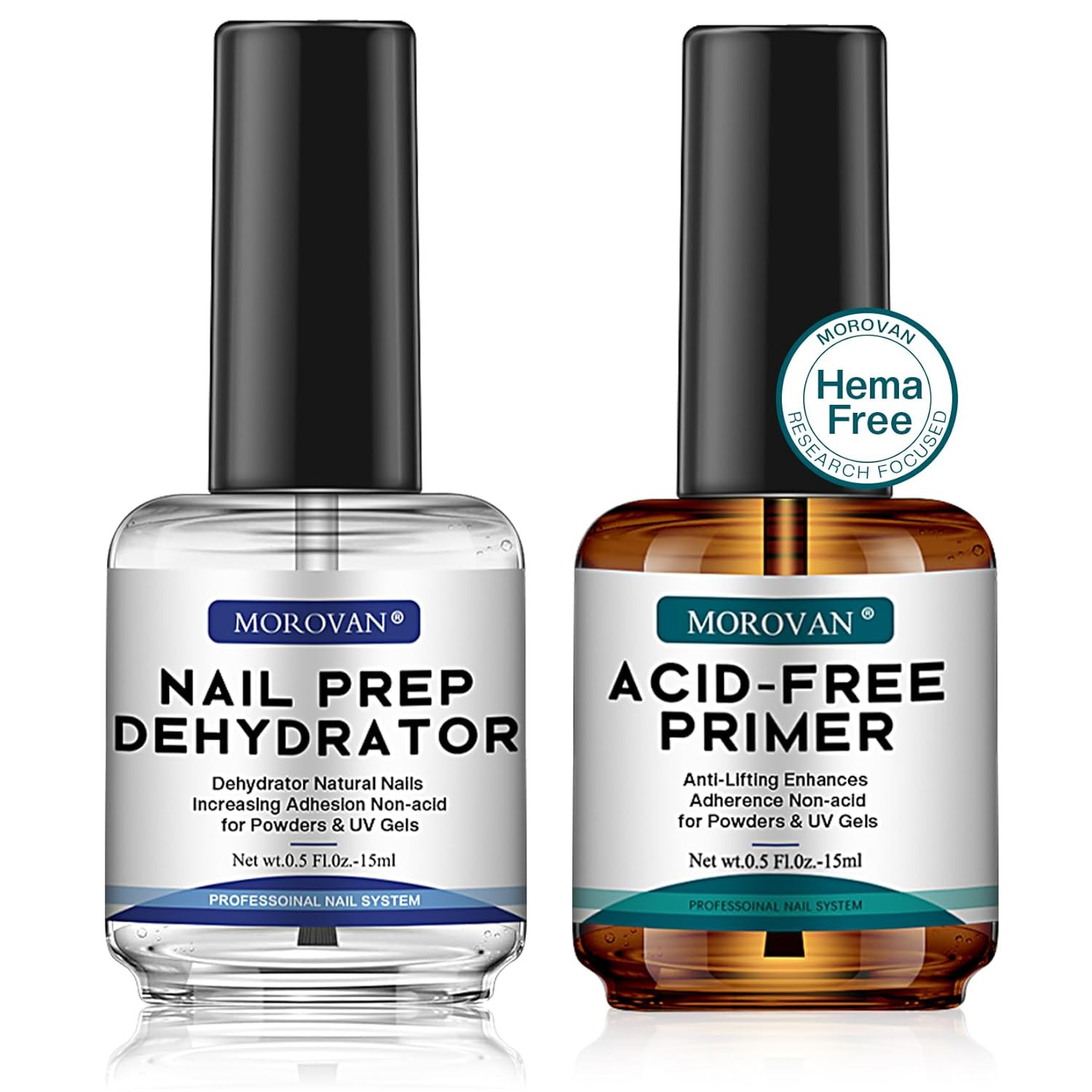 Nail Prep Dehydrator & Acid-Free Primer Set, Fast Dry for Acrylic/Gel Polish