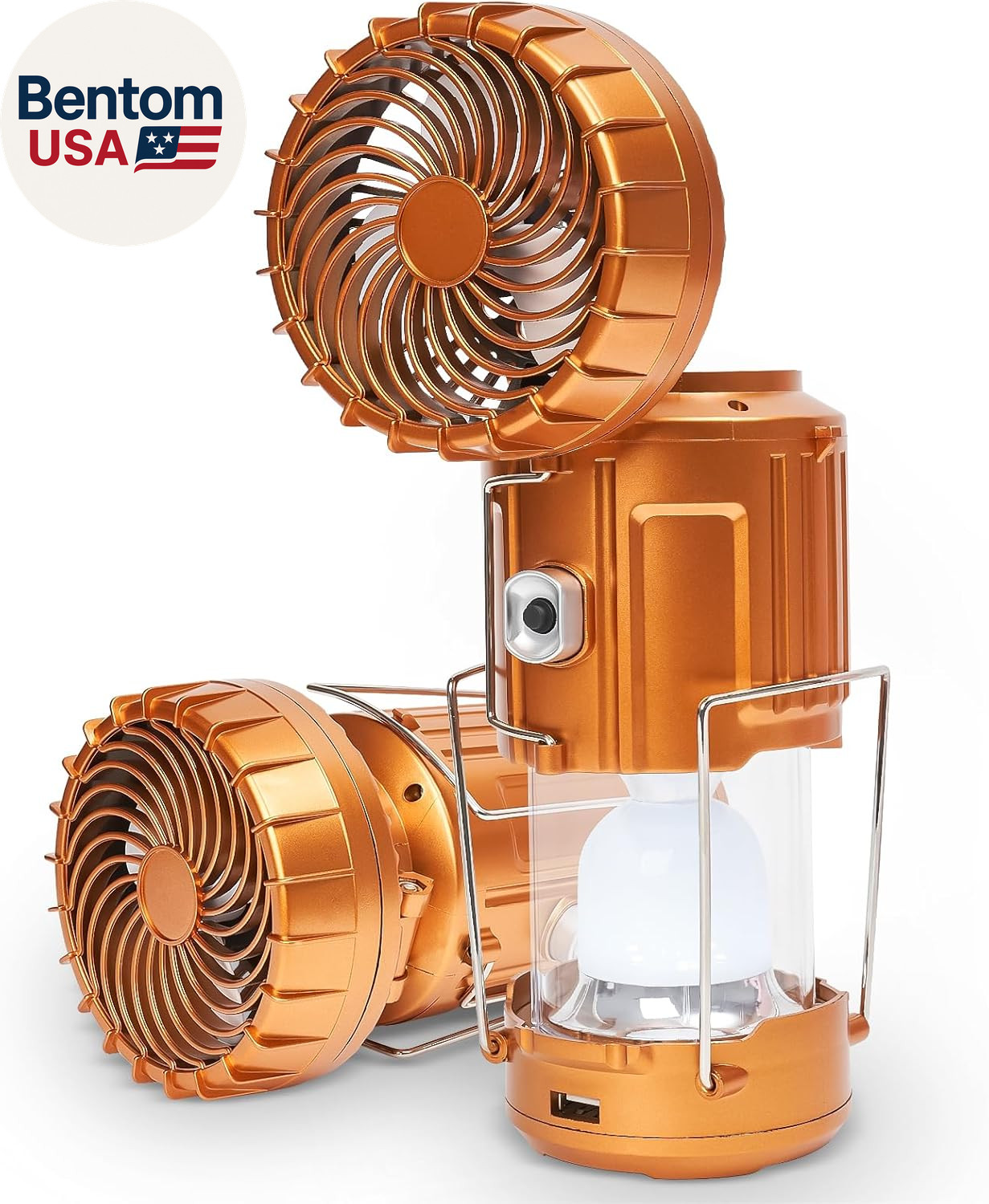 5-In-1 Solar Light and Fan (Gold) - Rechargeable Lantern with Phone Charger & Po