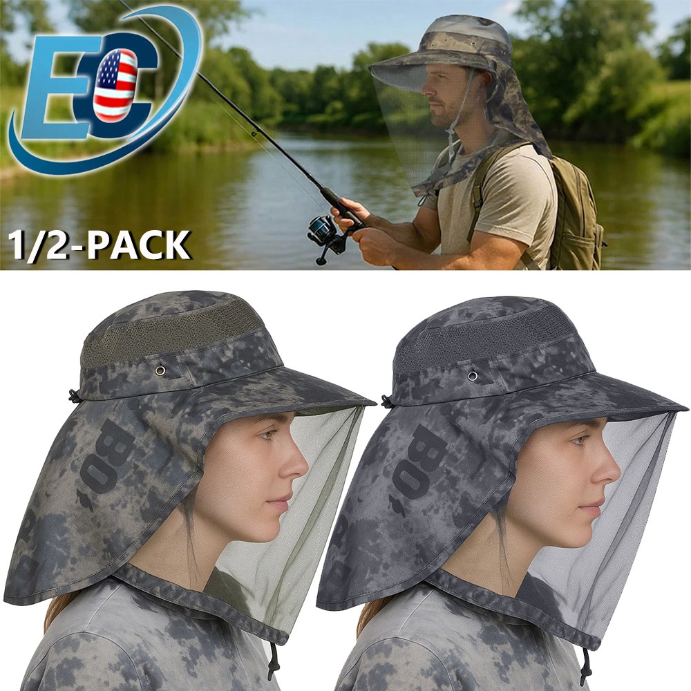 Unisex Mosquito Head Net Hat with Neck Flap Wide Brim UV Protection Safari Cap