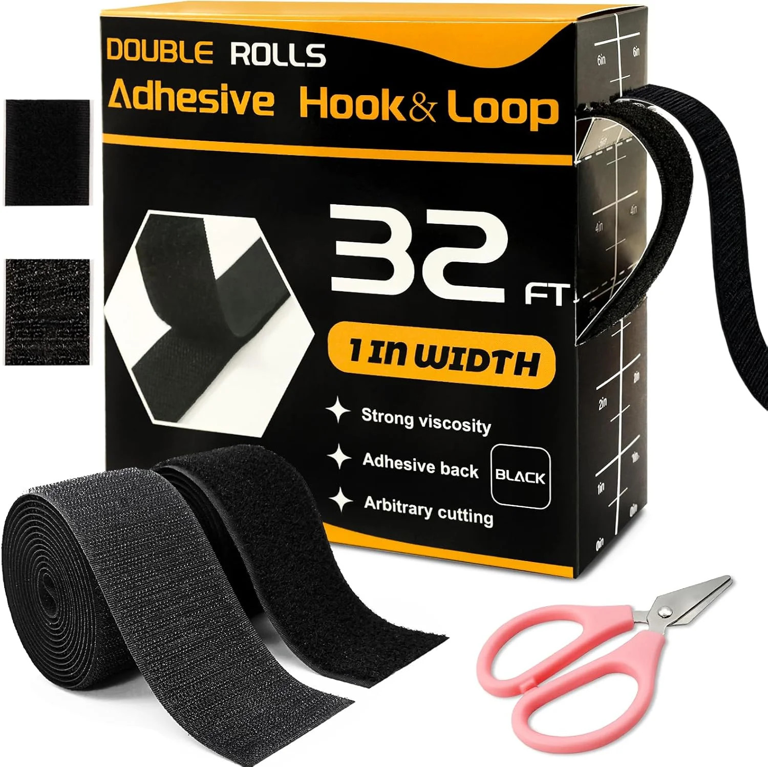 32 Ft × 1 Inch Hook and Loop Strips with Adhesive, 2 Rolls Black Self Sticky Dou
