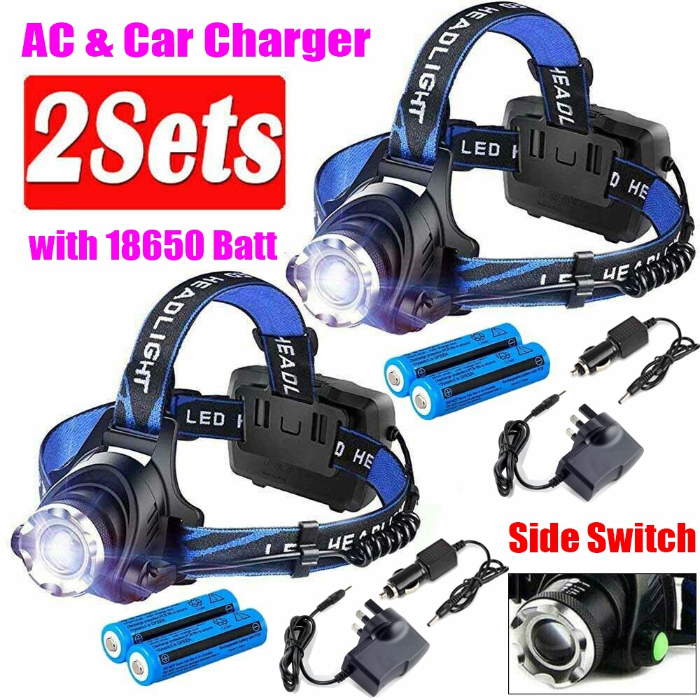 Pack of 2 990000LM LED Zoom Headlamp Rechargeable Headlight Hunting Focus Torch