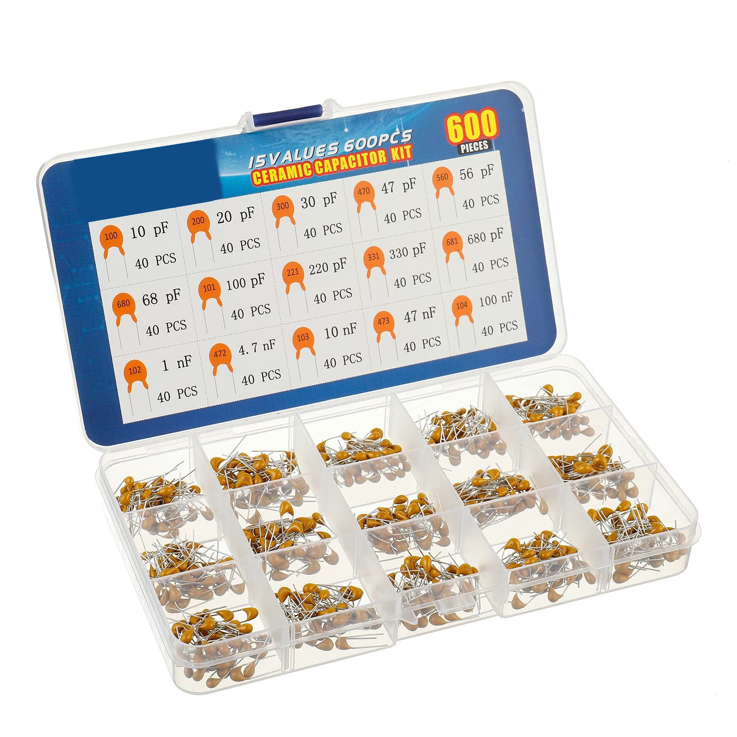 600 Pcs 15 Values Ceramic Capacitor Assortment Kit Capacitors from 10pf to 100nF