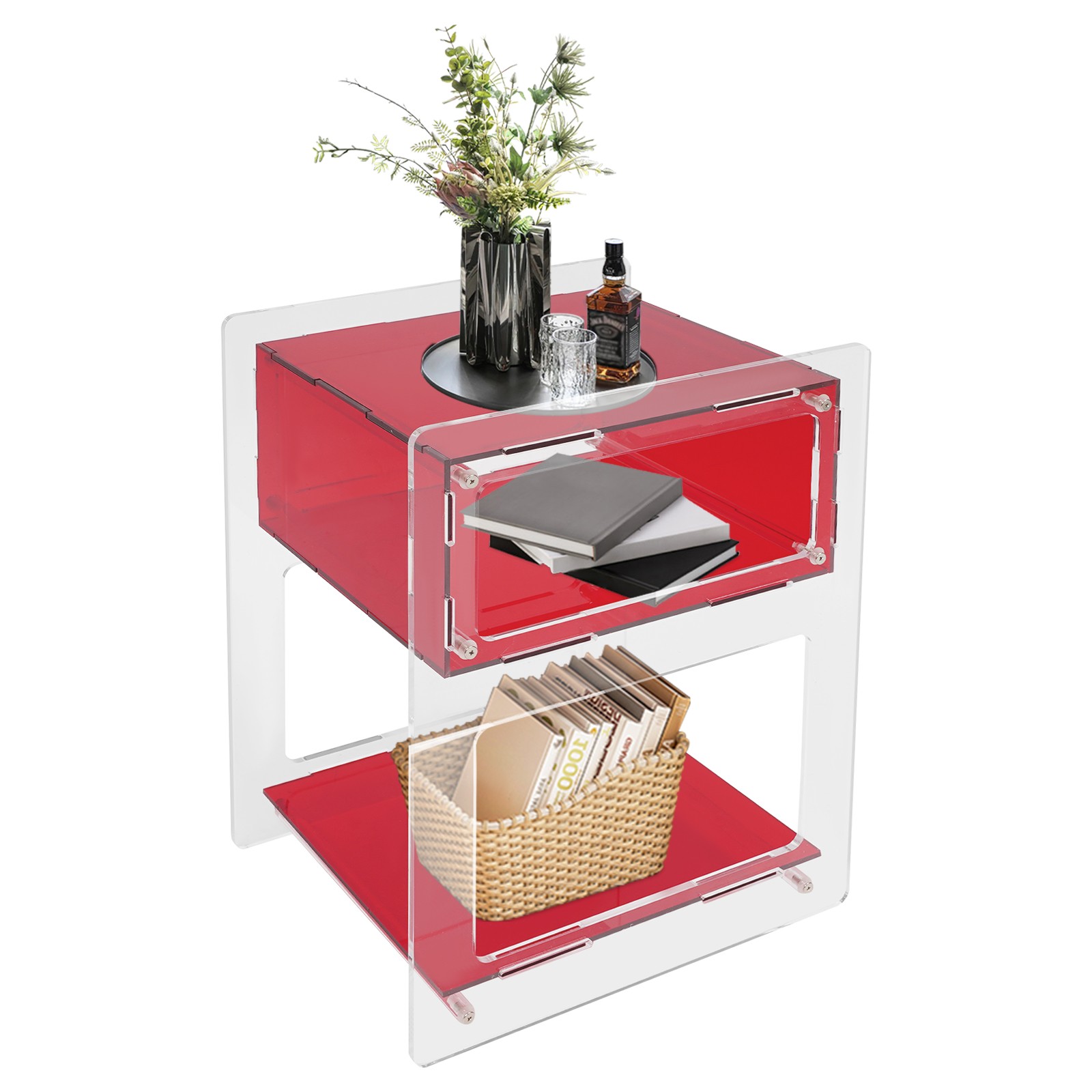Red Acrylic Side Table, Acrylic Nightstand, Rectangle Storage Shelf