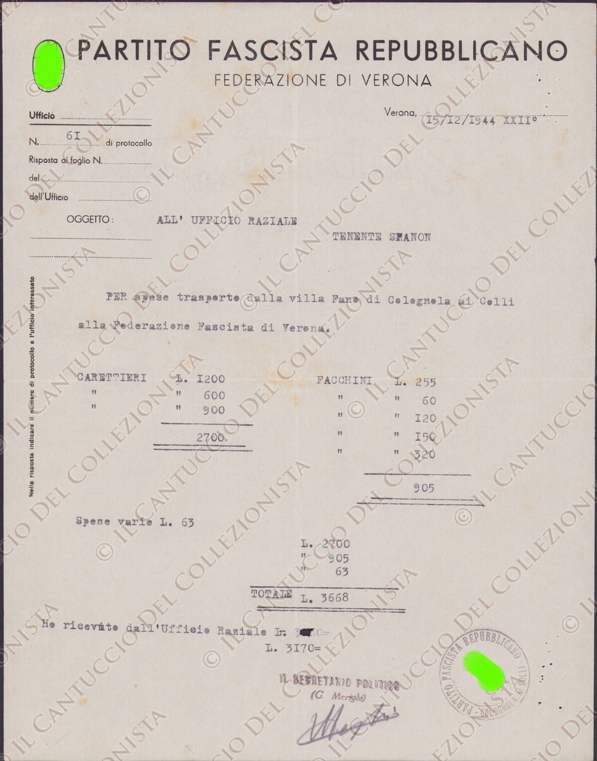 1944 VERONA Partito Fascista Repubblicano RSI Repubblica sociale Colognola colli