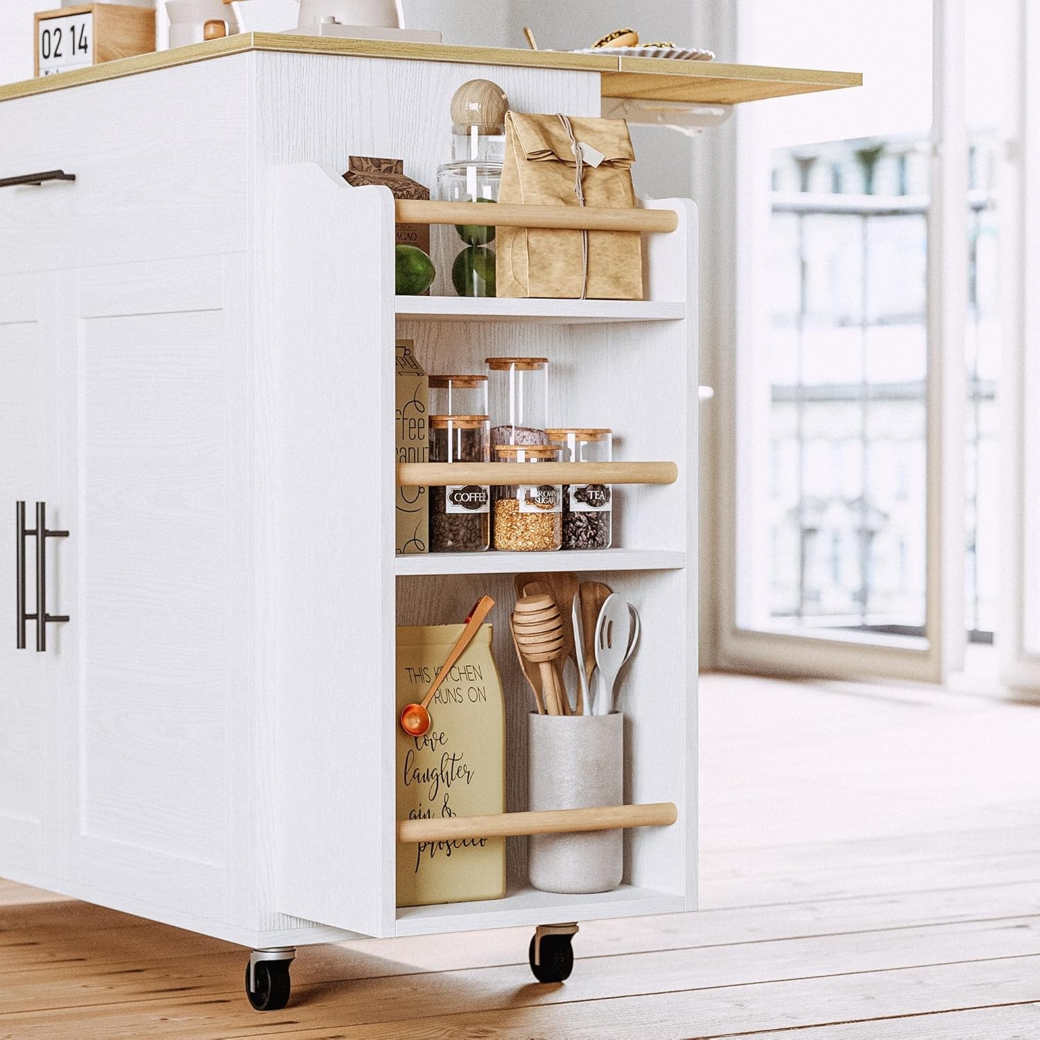 Kitchen Island with Storage, Rolling Kitchen Island on Wheels with Drop Leaf, 3