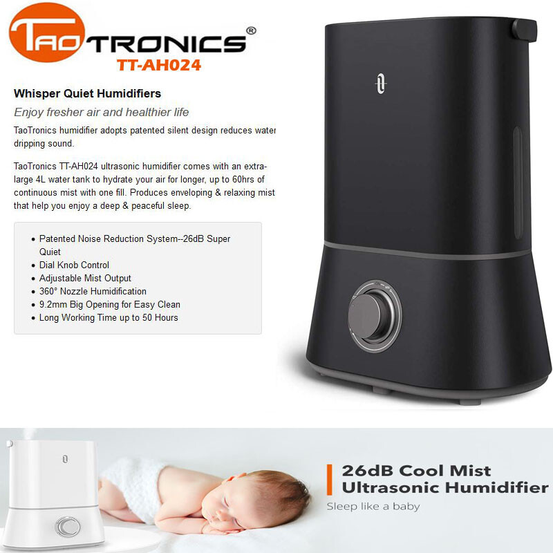 TaoTronics AH024 Cool Mist Humidifier Quiet Ultrasonic 4L Humidifier DI14_K