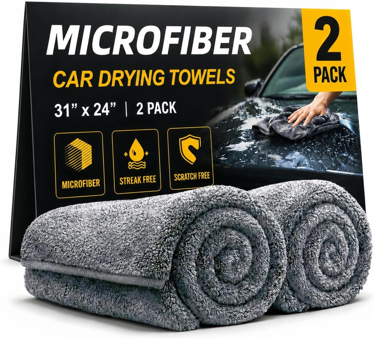 2 Pack Professional Large Microfiber Car Drying Towels (31" X 24"), Scratch Free