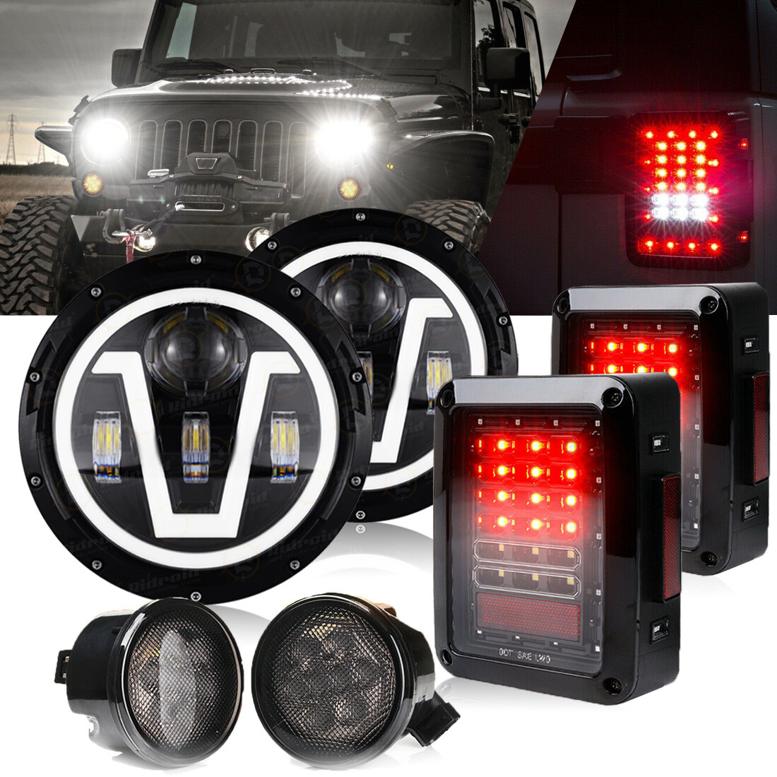 7" Halo Led Headlights Turn Signals Tail Lights For Jeep Wrangler JK 07-18 Combo