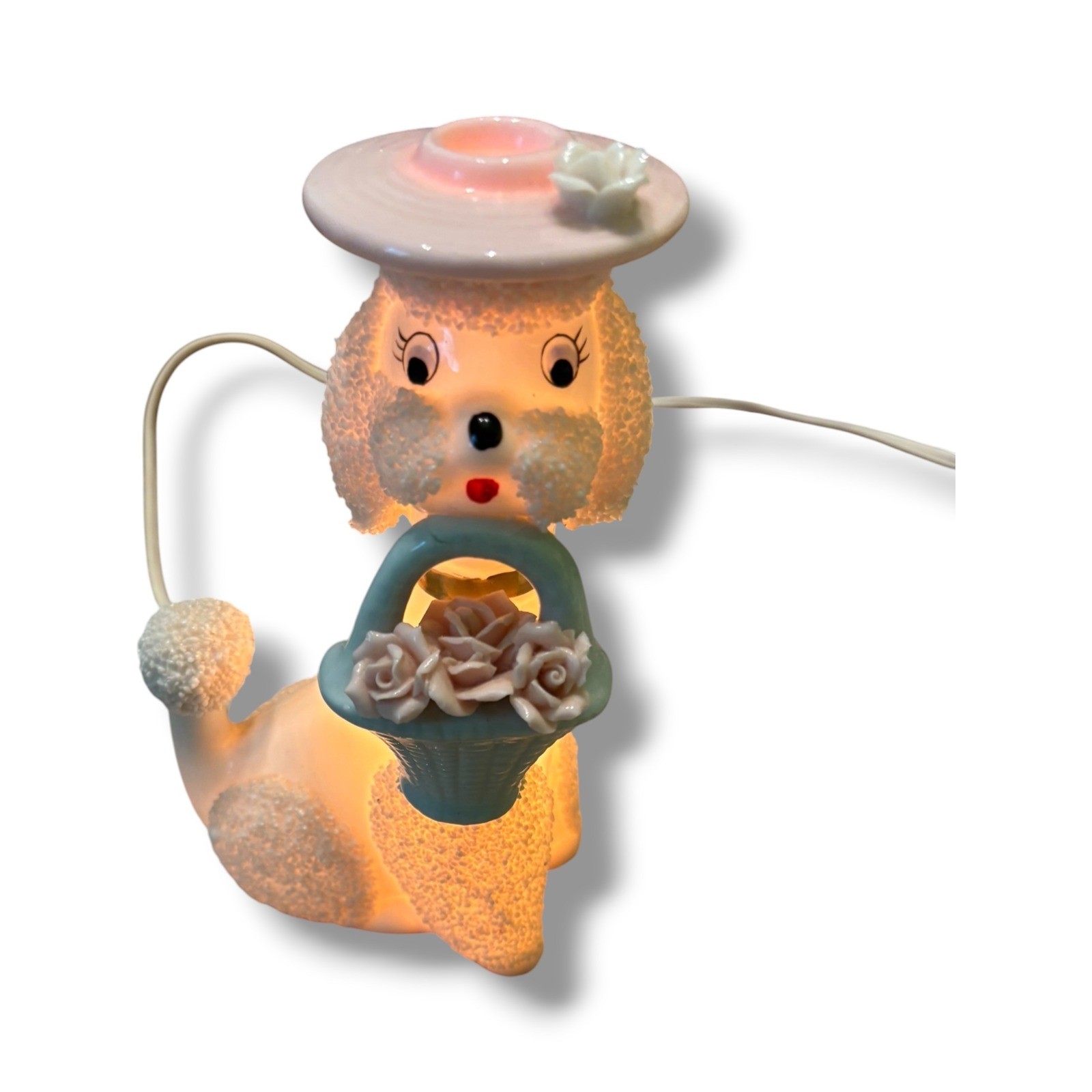 Vintage Spaghetti Poodle Perfume Warmer Lamp Pink Hat Porcelain Night Light