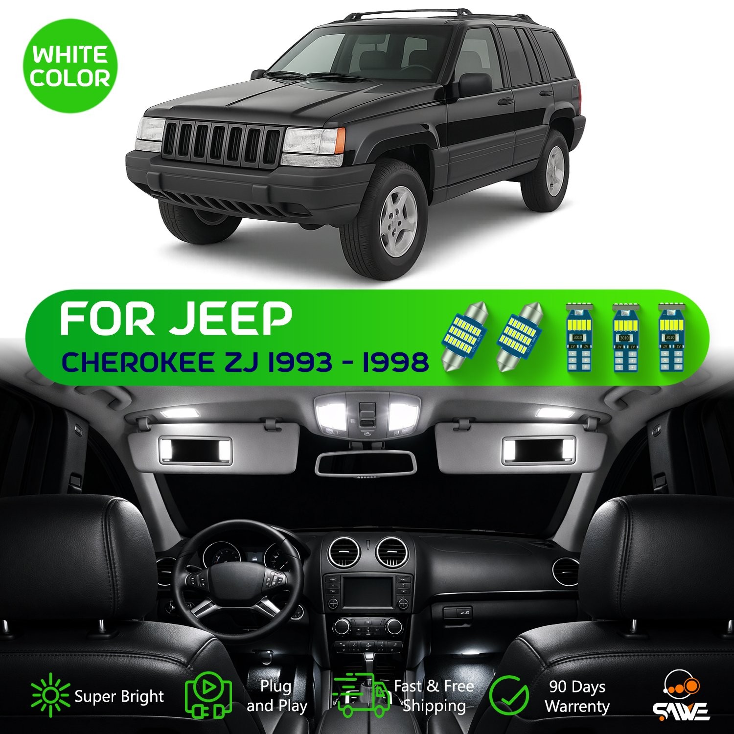 17 x Ultra White LED Lights Interior Package For 1993 - 1998 Jeep Cherokee ZJ