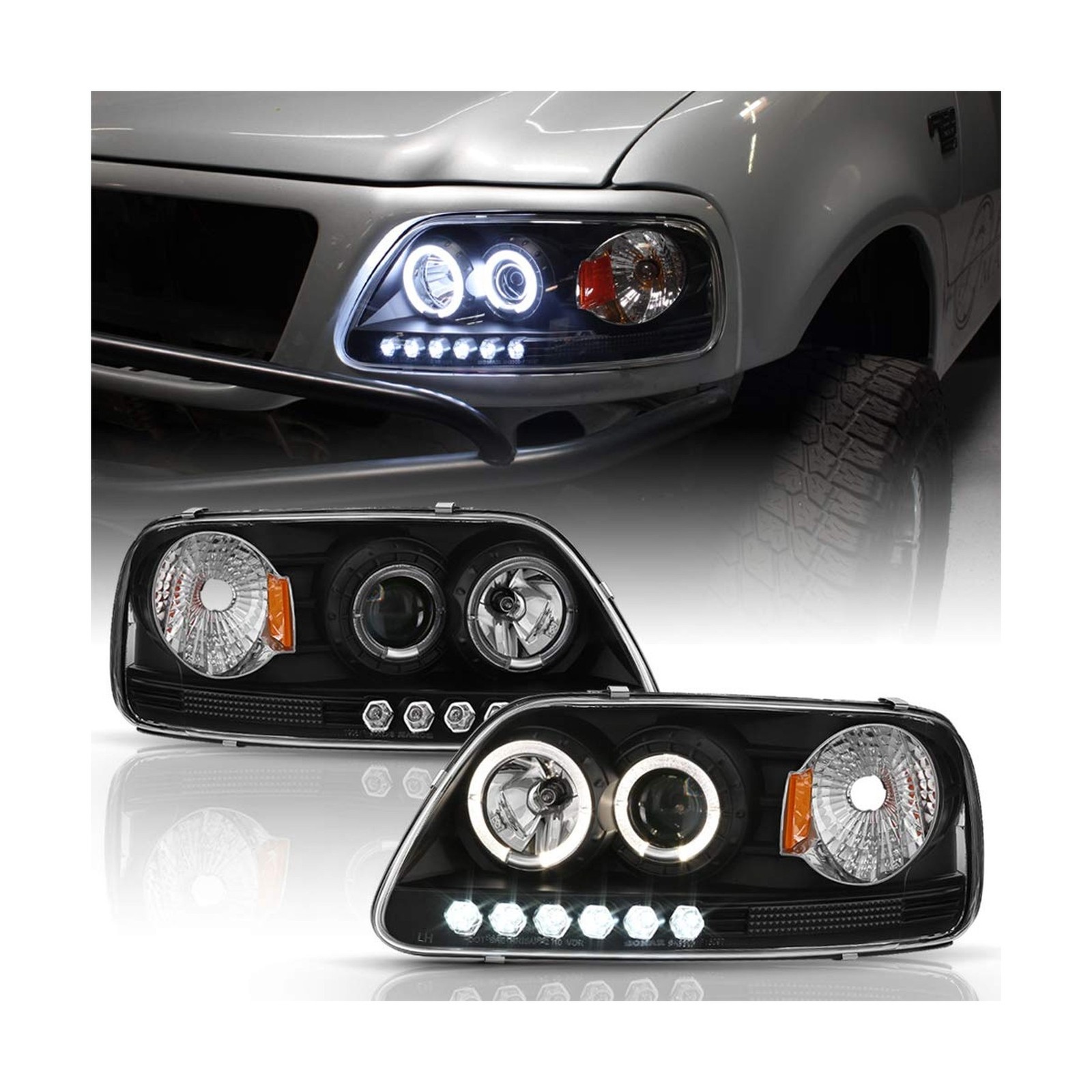 ACANII - For 1997-2003 Ford F150 1997-2002 Expedition Black LED Dual Halo Rin...