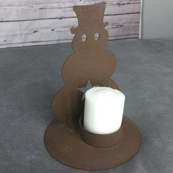 Rustic Snowman Candle Holder Silhouette Metal Primitive Winter Decor