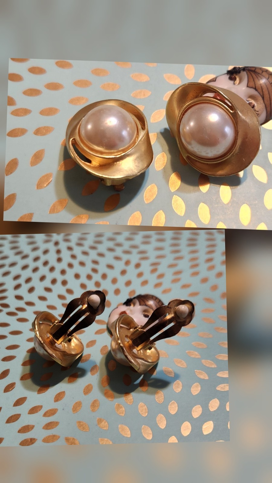 VTG Clip-on Earrings Large Faux Pearls Set In A Curved Matte Goldtone Frame