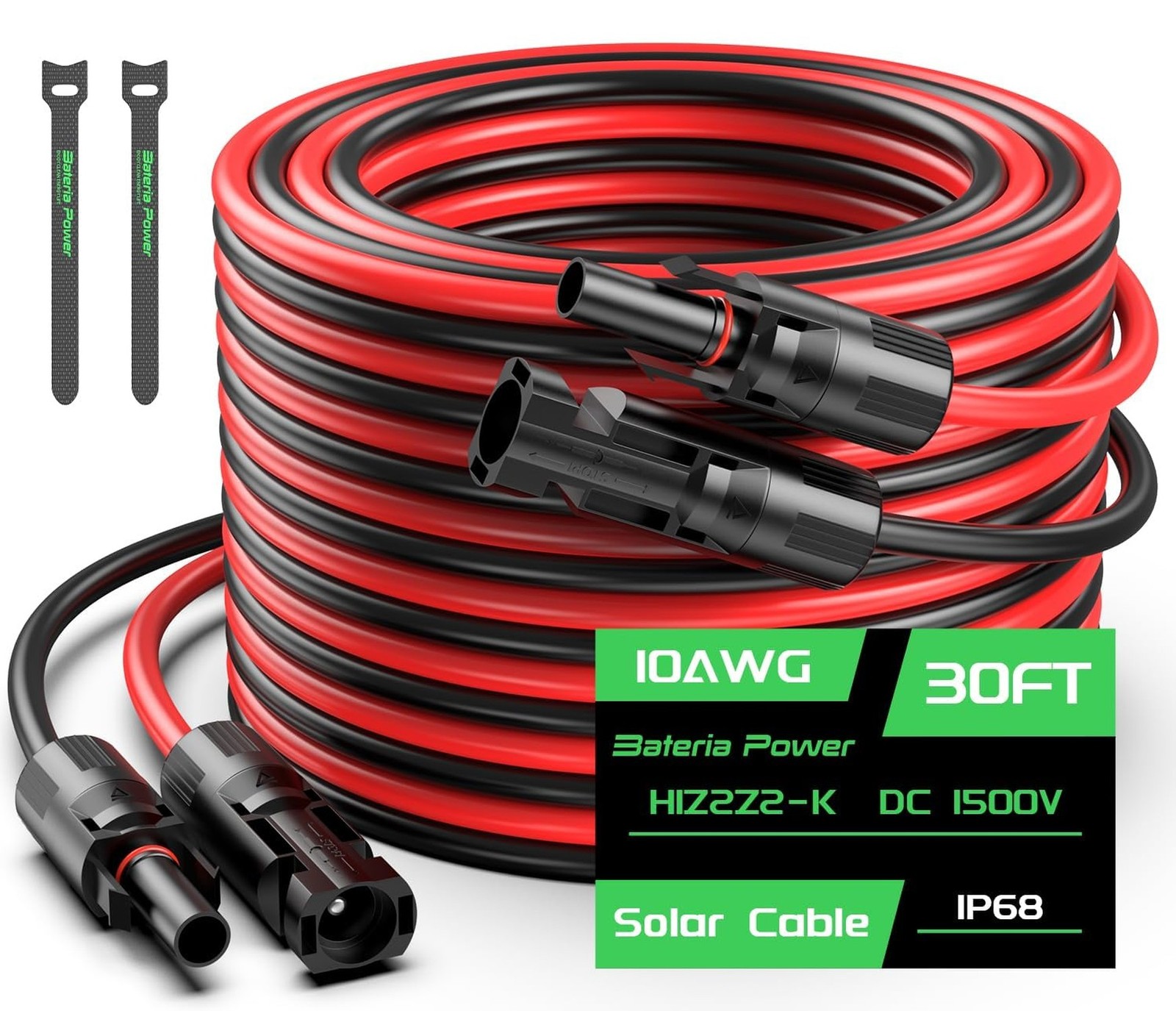 30FT 10AWG Solar Panel Extension Cable, Bateria Power 6mm² Solar Extension