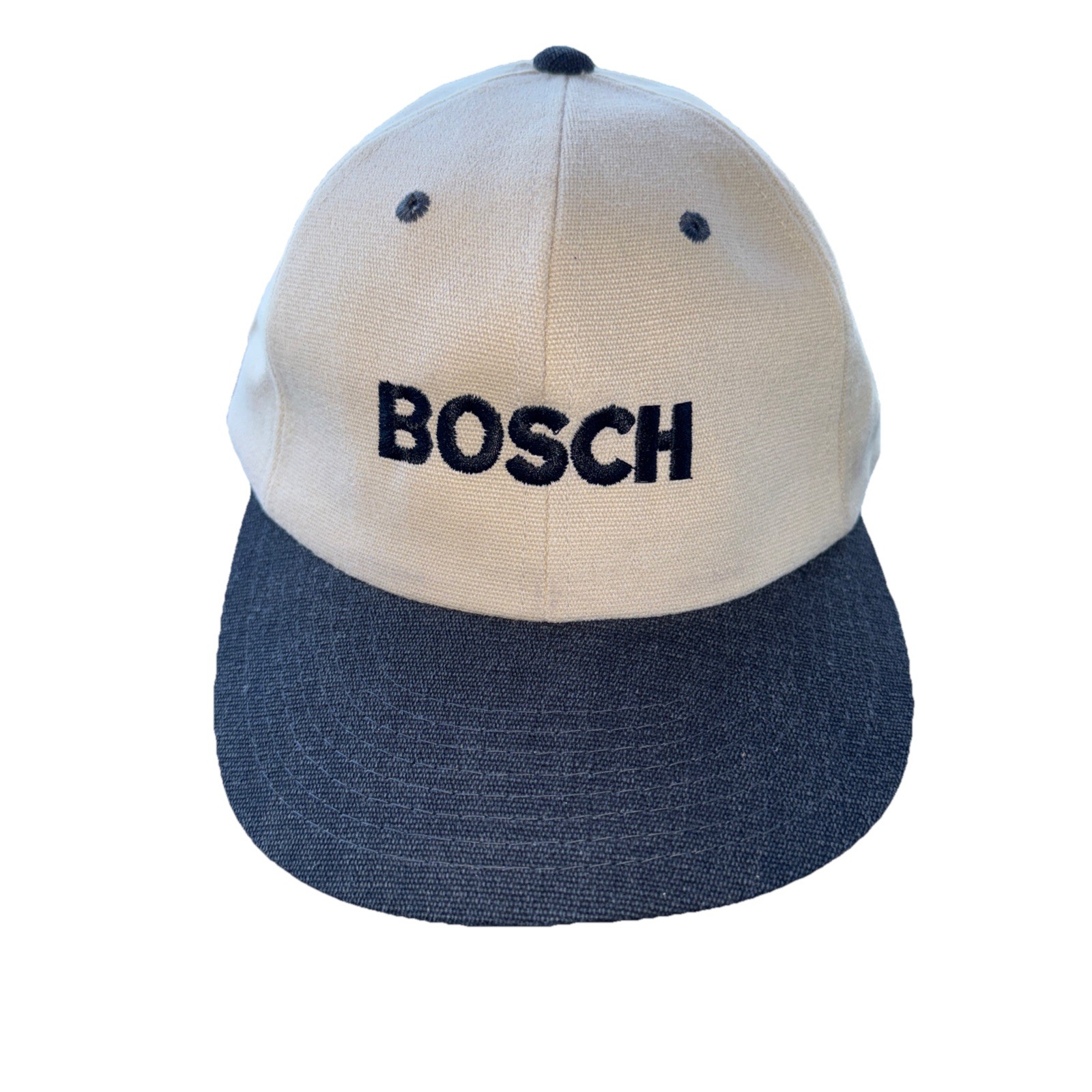 BOSCH in Black on Tan Linen Look Fabric Hat Cap Black Bill Strap Buckle OSFA EUC