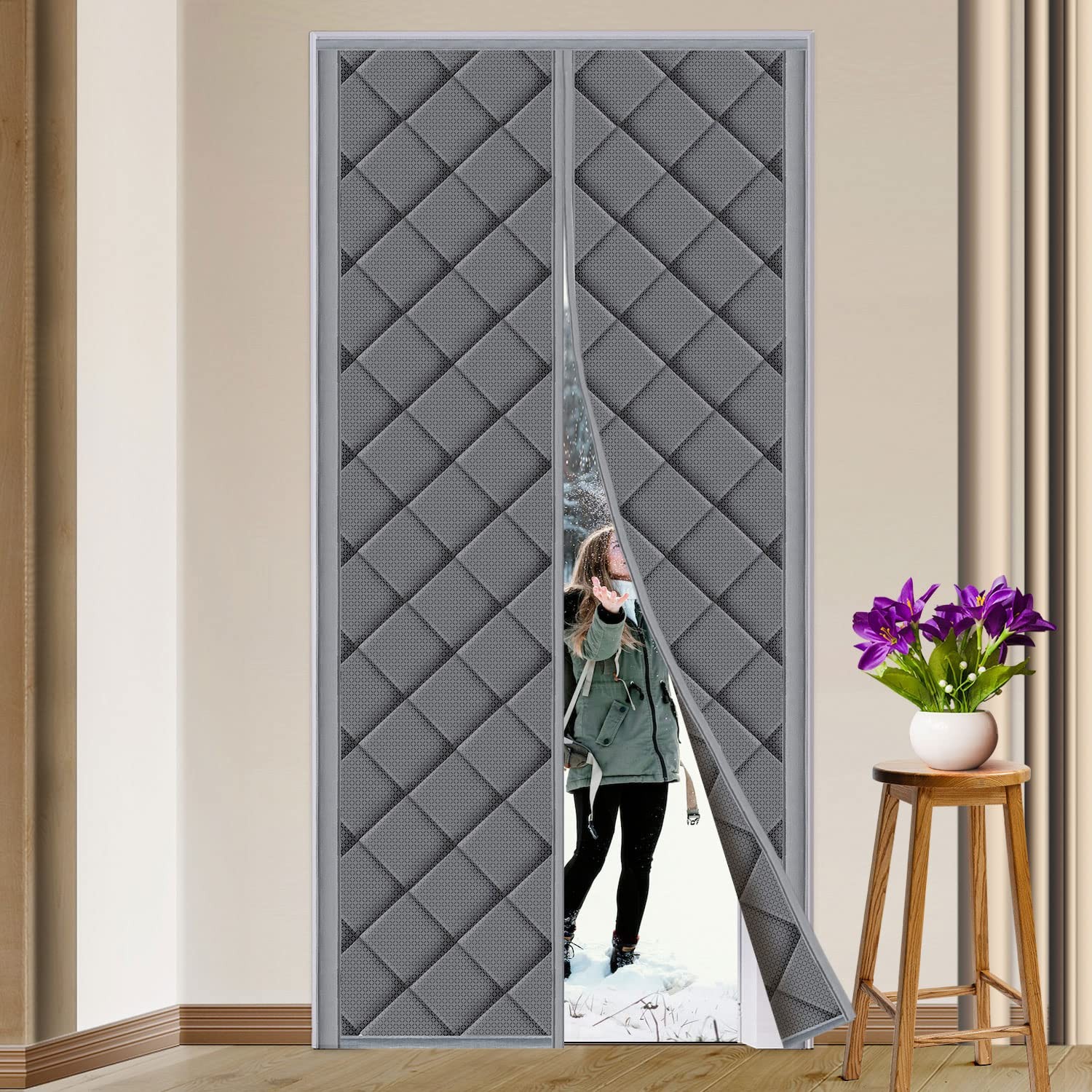 Magnetic Thermal Insulated Door Curtain Fits Door Size 32" x 80" Thicken Nylo...