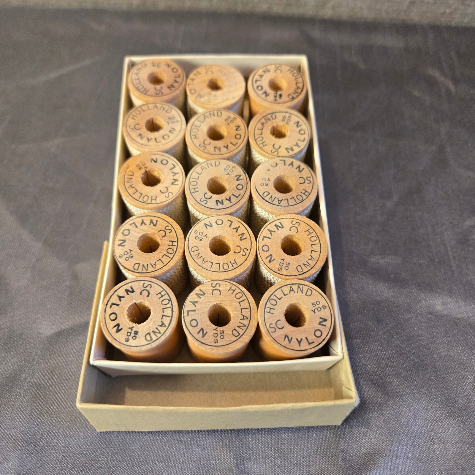 Vintage Holland SC Nylon Thread 15 Wooden Spools 50 Yds Each Champagne Beige USA
