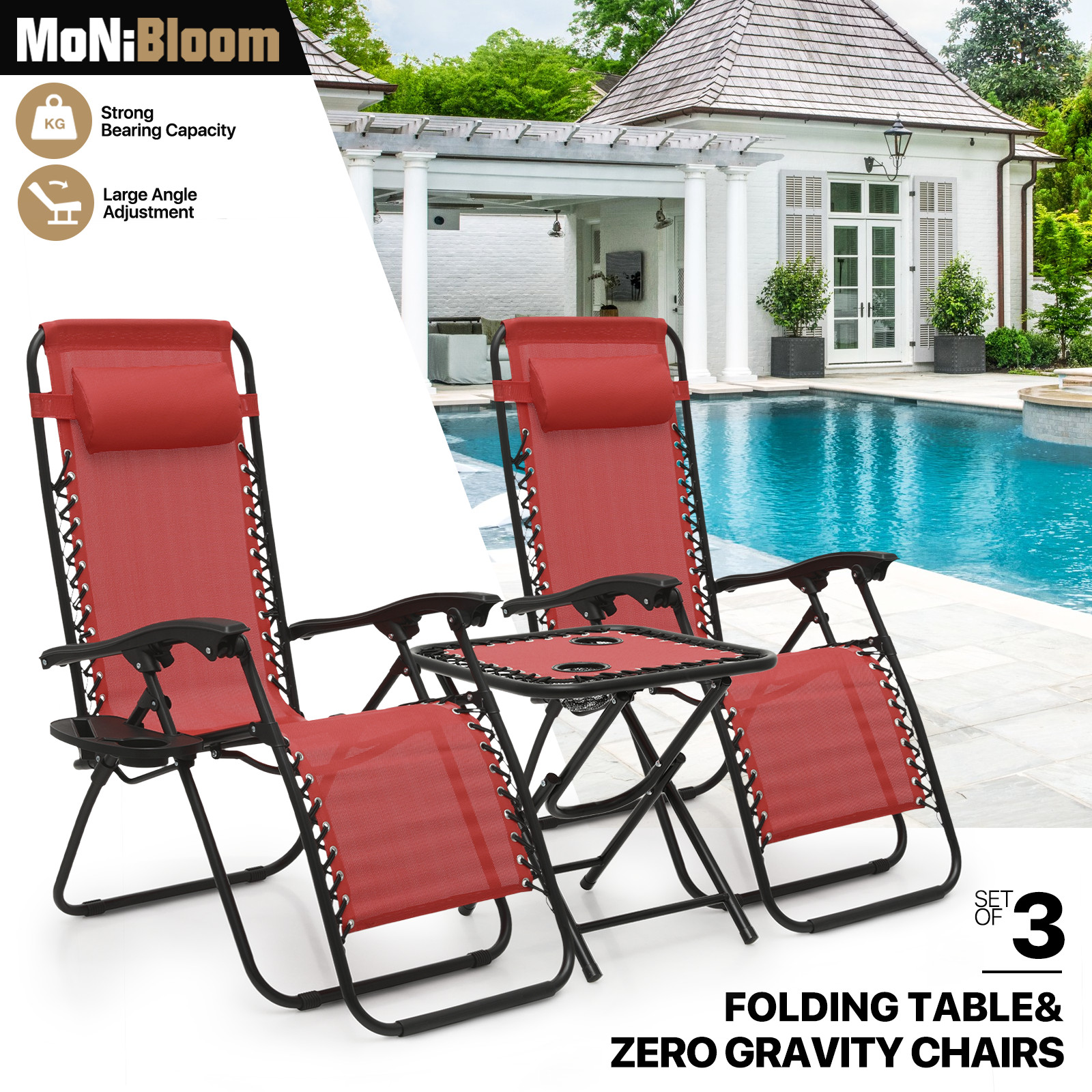 3 Pcs [ZERO GRAVITY CHAIR+PATIO TABLE SET] Foldable Recliner Beach Lounge Chaise