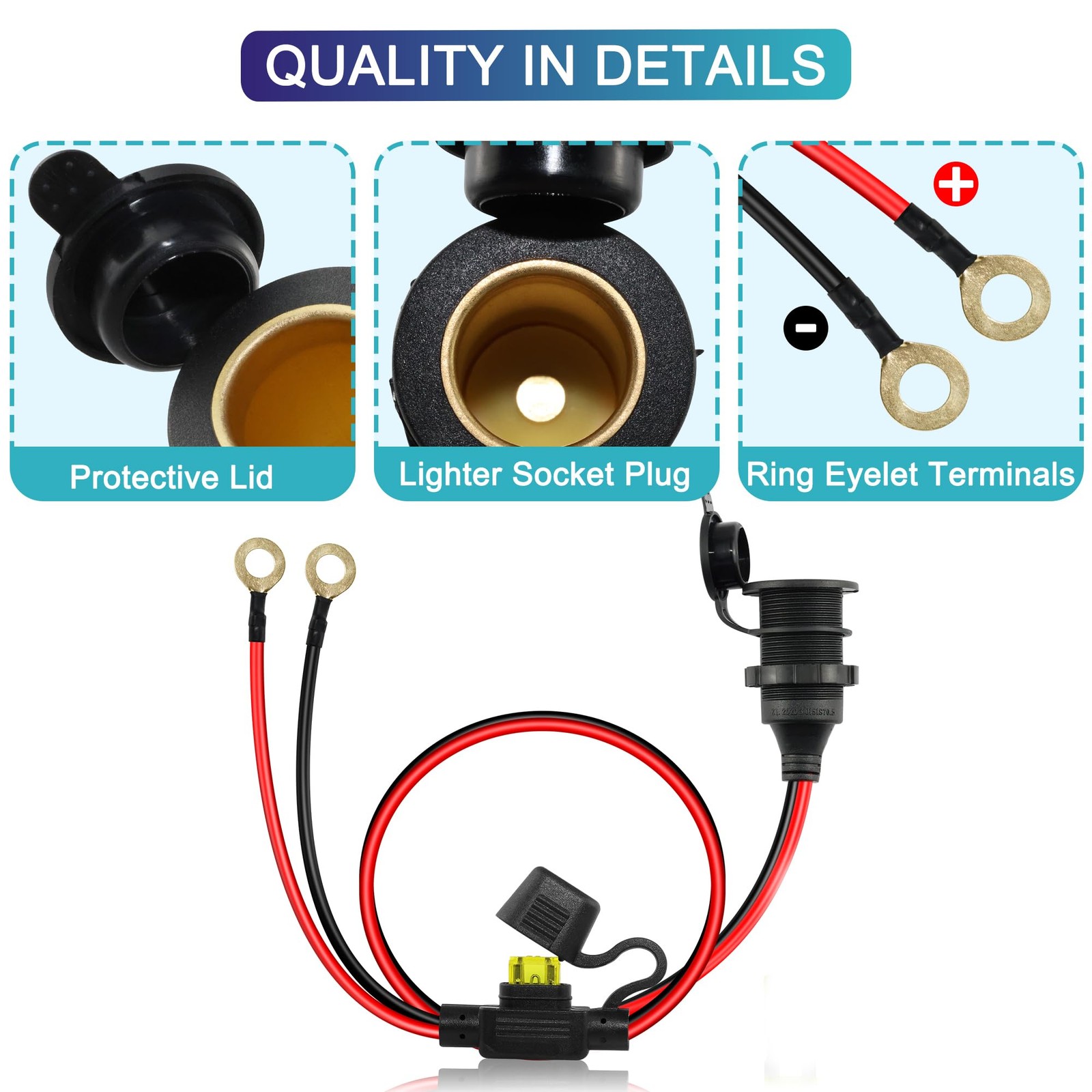 2V 24V Cigarette Lighter Socket to Ring Terminal Cable 14AWG 20A Waterproof