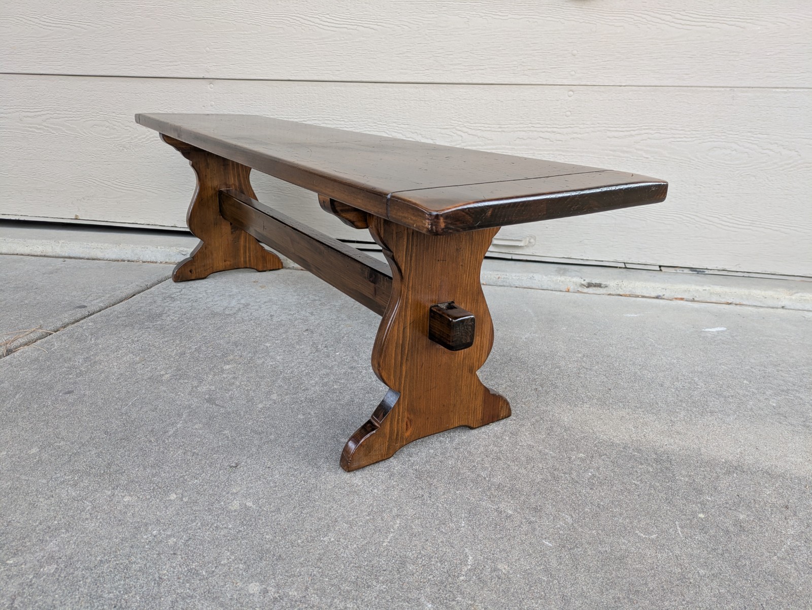 Vintage Ethan Allen Old Tavern Rustic Antiqued Pine Wood Trestle Bench