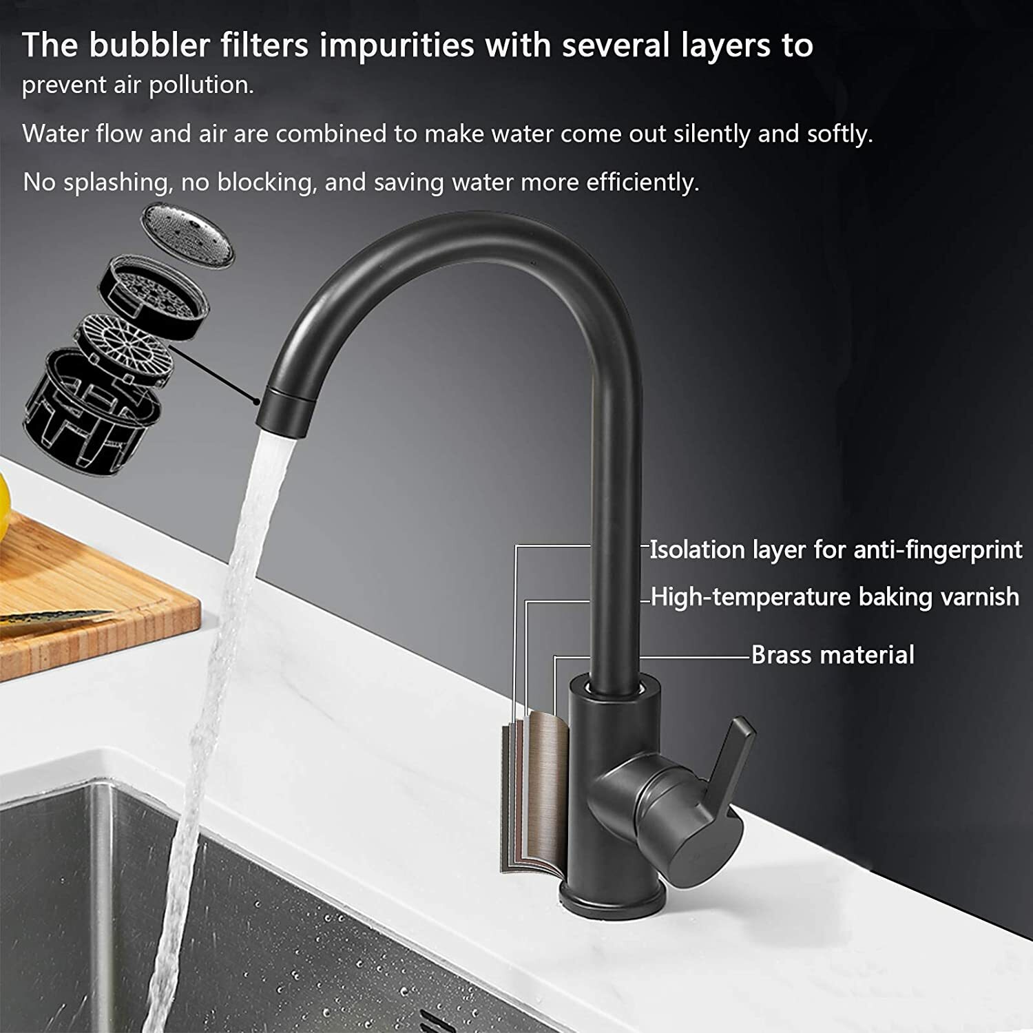 Kitchen/Bar Sink Matte Black Stainless Steel High Arc Faucet Swivel with Hoses