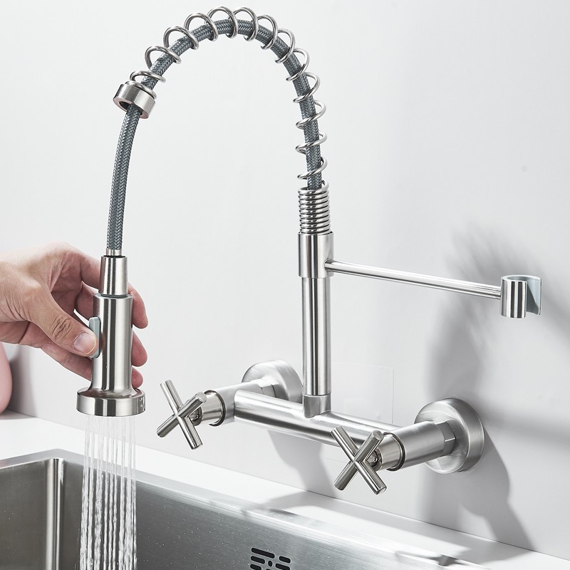 Commercial 8 Inch 2 Handle Wall Mount Kitchen Sink Faucet with Pull Down Sprayer