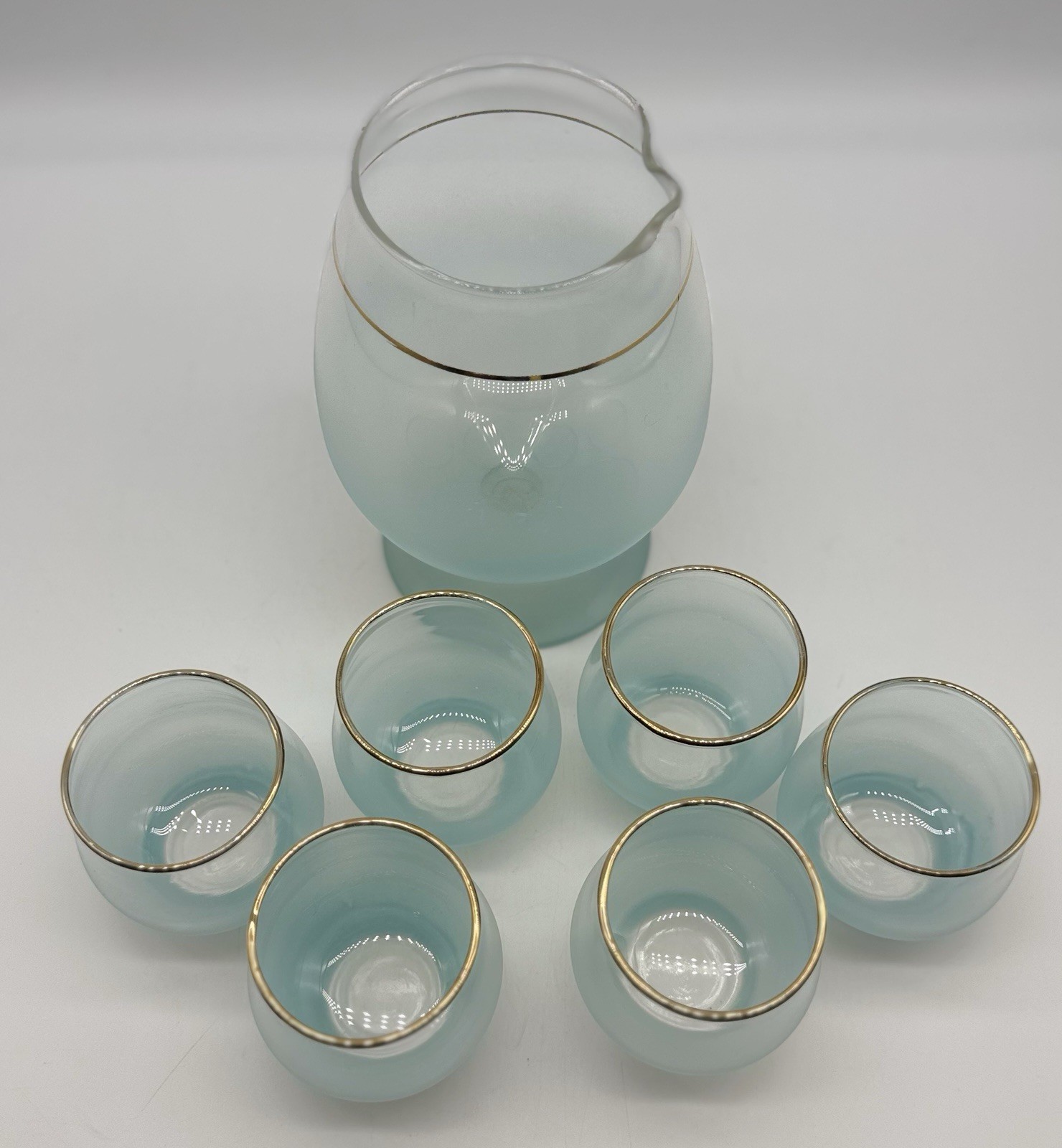VTG Blendo baby Blue Frosted 1960s Cocktail Pitcher & 6 Roly Poly glasses