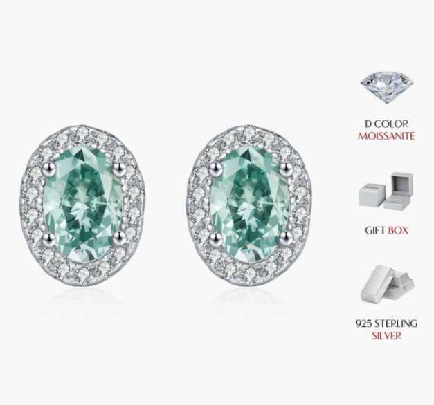 1CT D Color Ovel Cut Green Moissanite Halo Earrings 925 Sterling Silver Jewelry