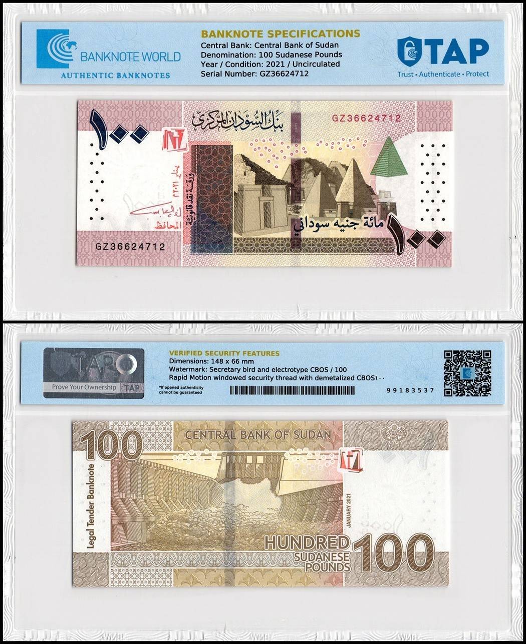 Sudan 100 Sudanese Pounds, 2021, P-77a.3, UNC, TAP Authenticated