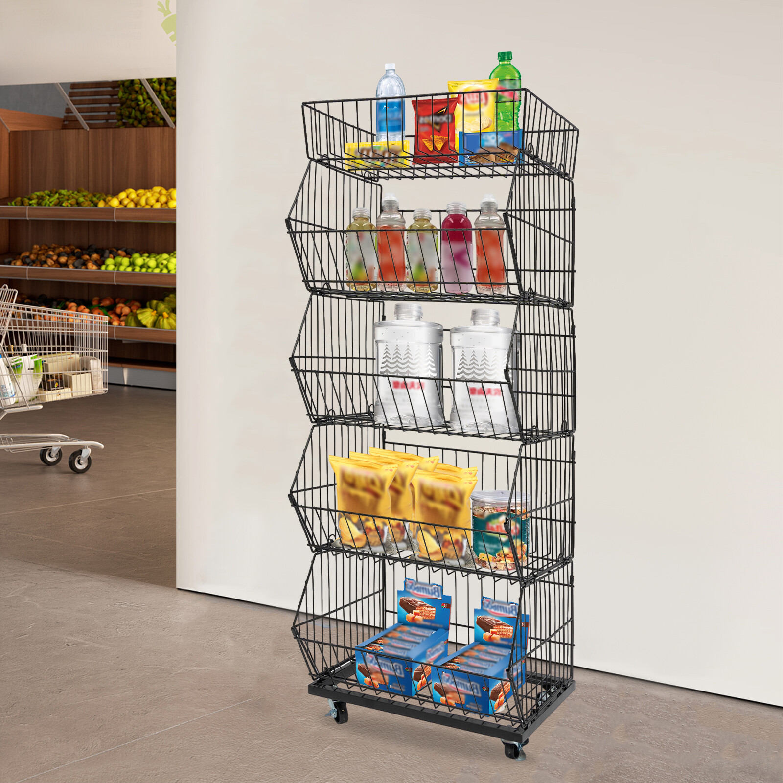 5 Tier Wire Grid Retail Display Shelf Merchandise Display Rack Stand W/ Wheels