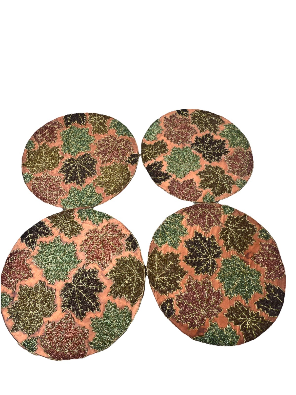 4 Beaded Autumn Leaves Placemats 15" Round Fall colors Harvest Glass Beads