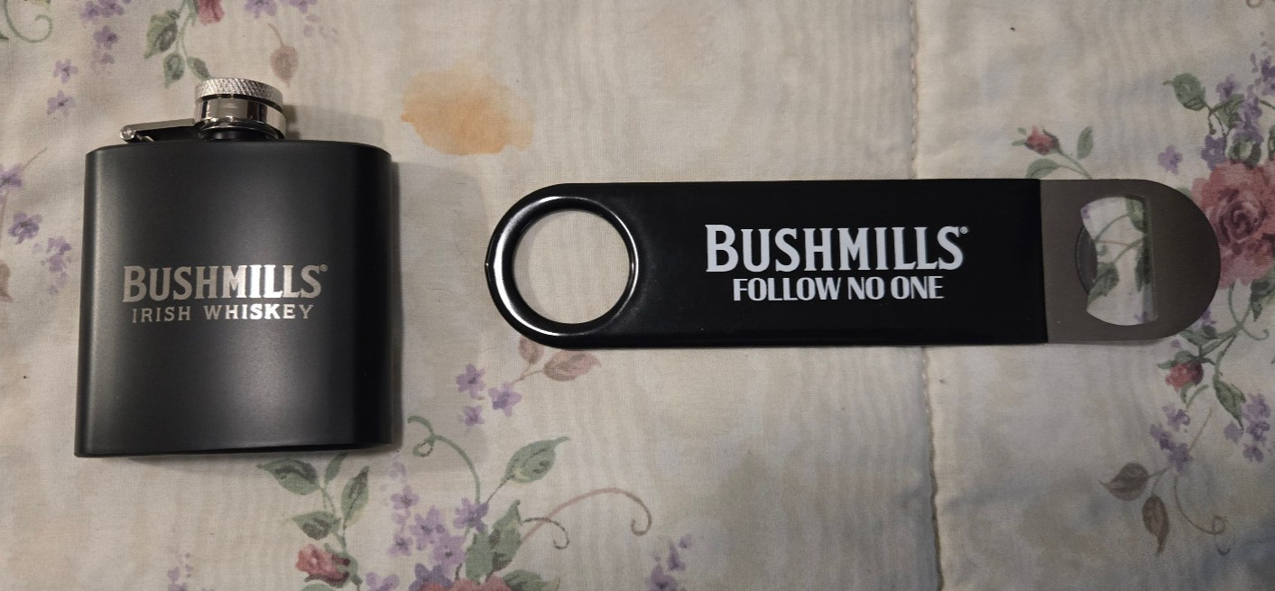 Lot of 2 Bushmills Stainless Steel Bottle Opener & 3 OZ Steel Flask -Collectable