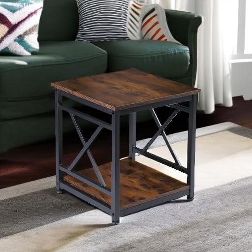 Industrial End Table W/ 2-Tier Storage Shelf 18'' Square Side Table W/ X-Design